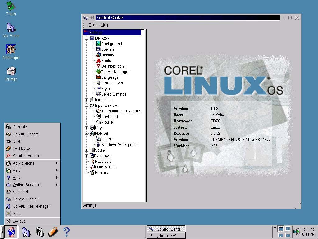 Obrazovka s linuxovou distribucí Corel Linux